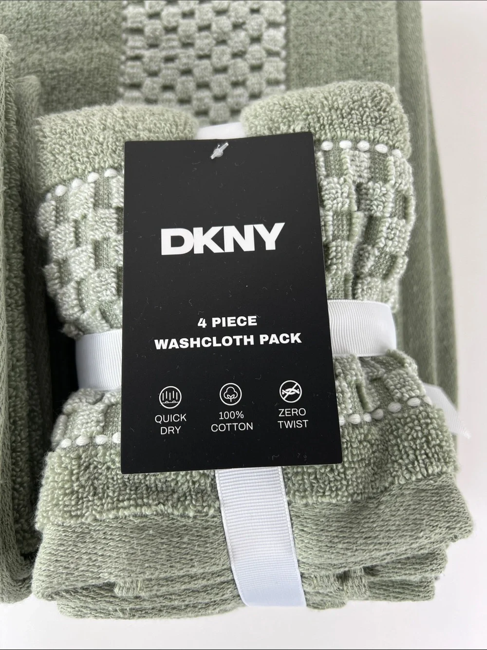 DKNY Bath Towel Set Sage Green White Plush Cotton Zero Twist Set of 8 NEW